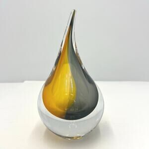 Italian Murano Style Teardrop Glass Paperweight HandBlown Blue Amber-Signed